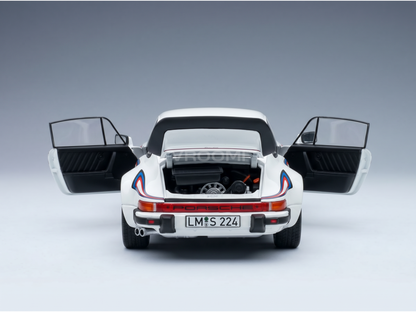 White Porsche 911 scale model car with open doors and trunk, detailed engine, from Vroomi