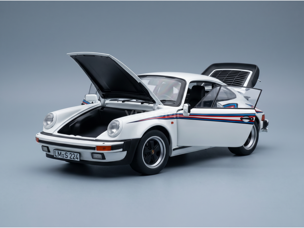 White Porsche 911 scale model car with open hood and doors, featuring red and blue stripes, from Vroomi