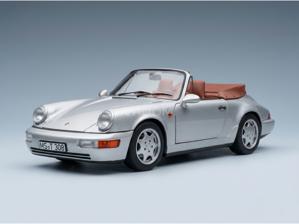 Modellino in scala Porsche 911 cabriolet argento con interni beige, presentato da Vroomi per i collezionisti.