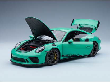 Vroomi scale model car: mint green Porsche GT3 RS with open hood, doors, and rear wing, detailed interior and wheels.