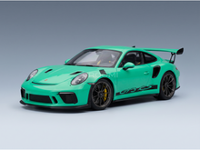 Vroomi scale model car: mint green Porsche 911 GT3 RS with black accents and yellow brakes