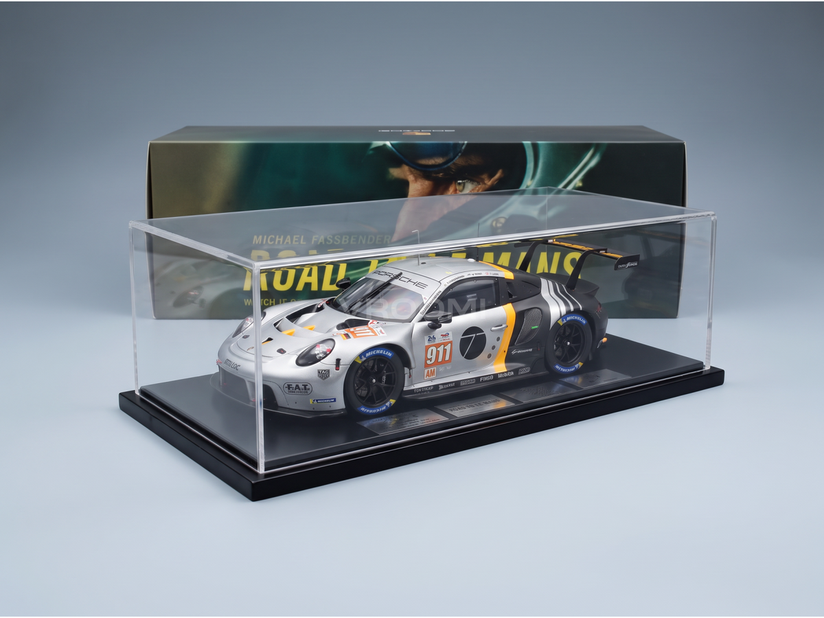 Porsche 911 GT3 R scale model car in display case, Vroomi collector's edition with Michael Fassbender livery