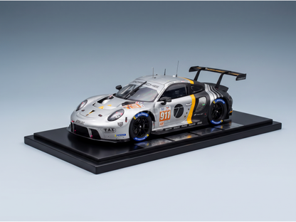 Porsche 911 GT3 R scale model car with racing livery, displayed on black base — Vroomi