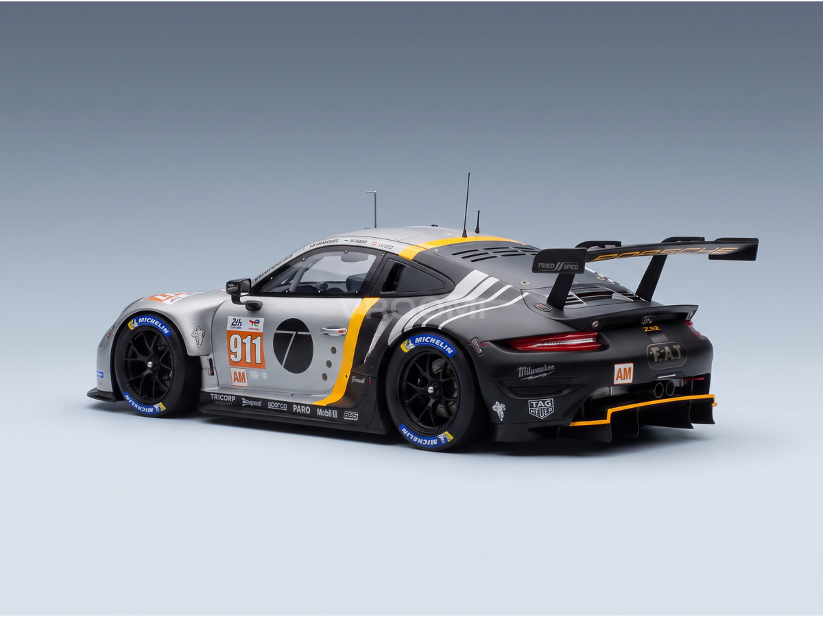 Porsche 911 GT3 R scale model car with racing livery, featuring Michelin tires and sponsor decals, available at Vroomi.