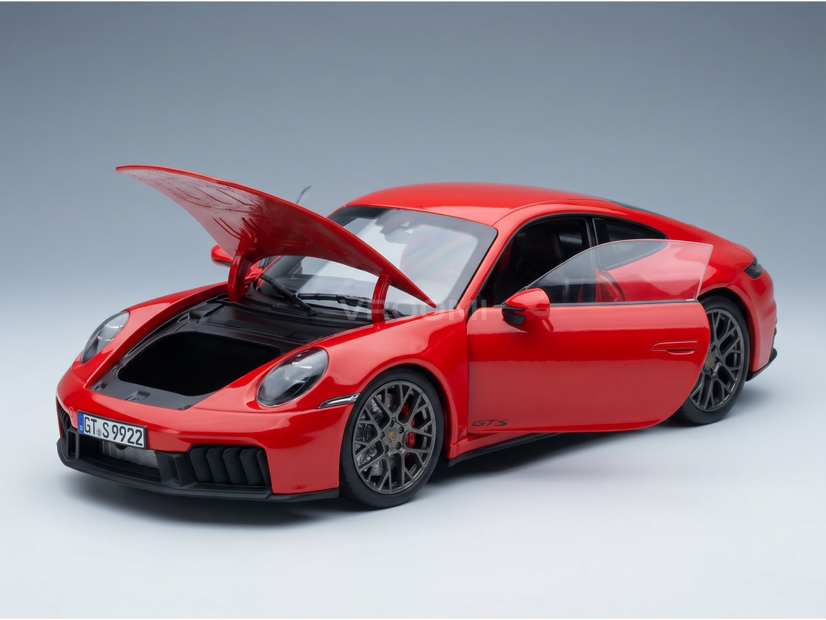 Rotes Porsche 911 GTS-Modellauto mit geöffneter Motorhaube und Türen, präsentiert von Vroomi