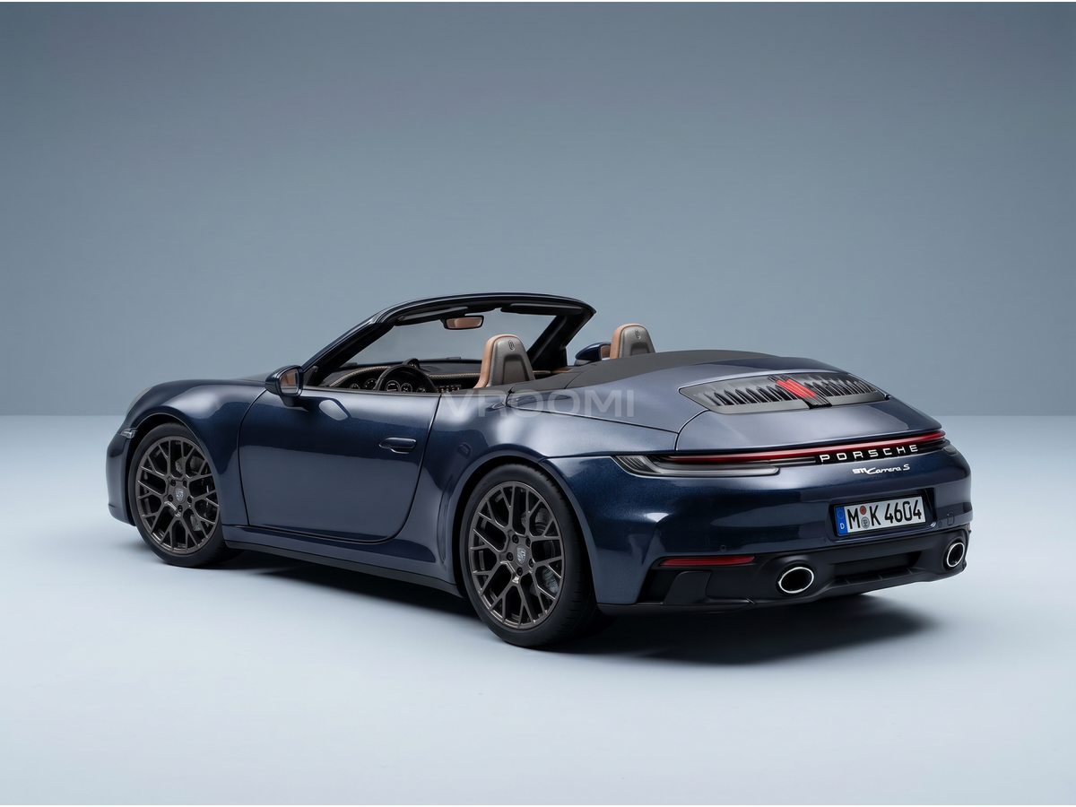Blaues Porsche 911 Carrera S-Modellauto von Vroomi, das sich durch ein elegantes Design und detailgetreue Ausstattungsmerkmale auszeichnet.