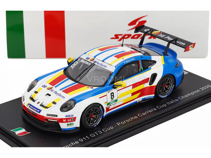 Porsche 911 GT3 Cup scale model car, Italy Champion 2025, displayed with Vroomi branding and Italian flag accents.