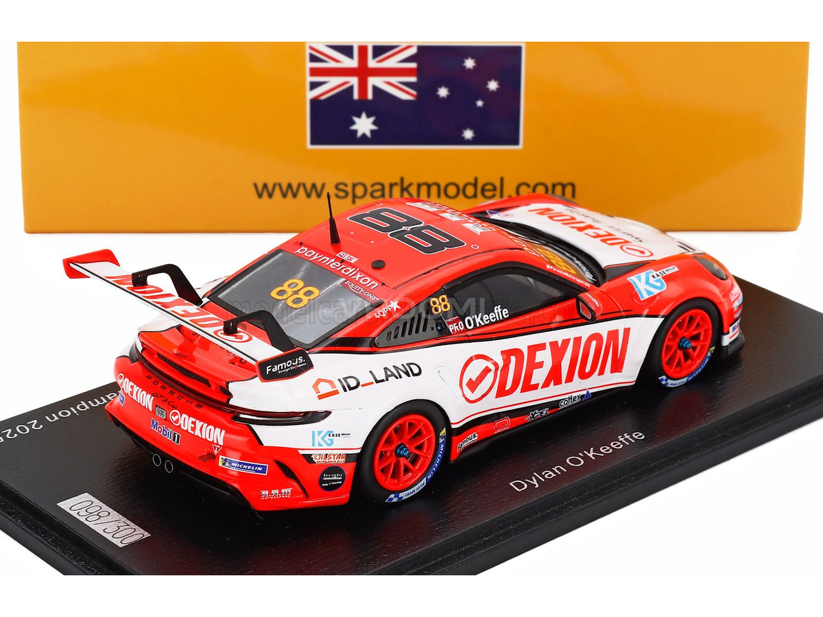 Dylan O'Keeffe 1/18 scale model car by Vroomi, red and white Porsche race car with Dexion livery