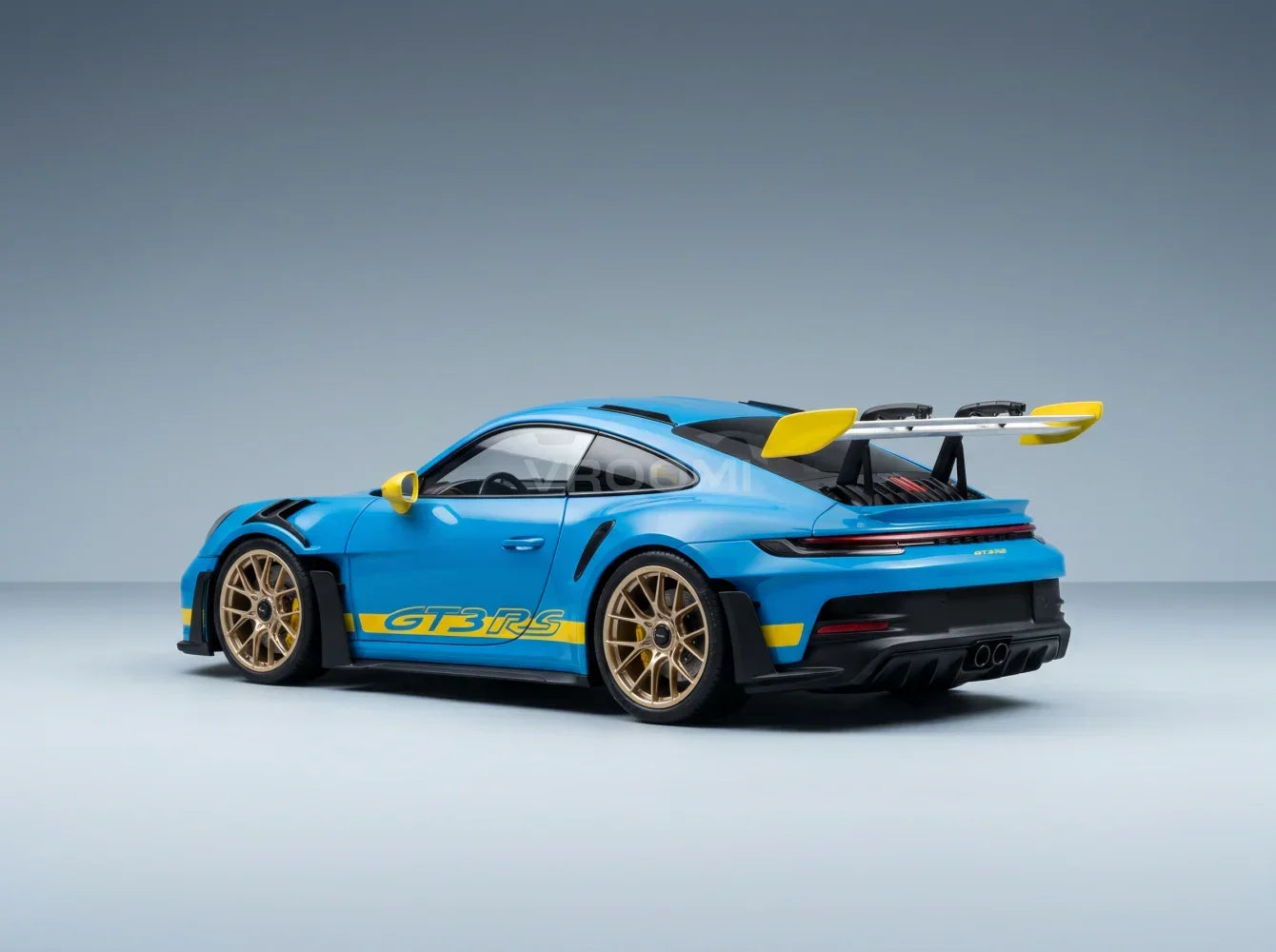 PORSCHE - 911 992 GT3 RS COUPÉ 2023 - BLEU CLAIR ET JAUNE - Boutique de modèles réduits Vroomi
