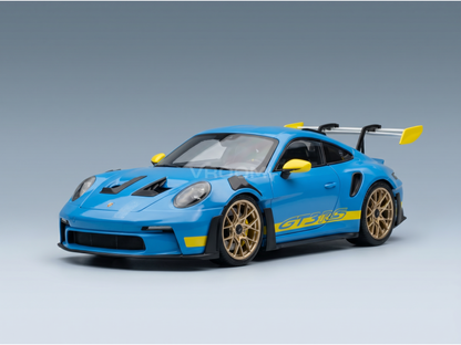 Blue Porsche GT3 RS scale model car with yellow accents, gold wheels, and rear wing — Vroomi
