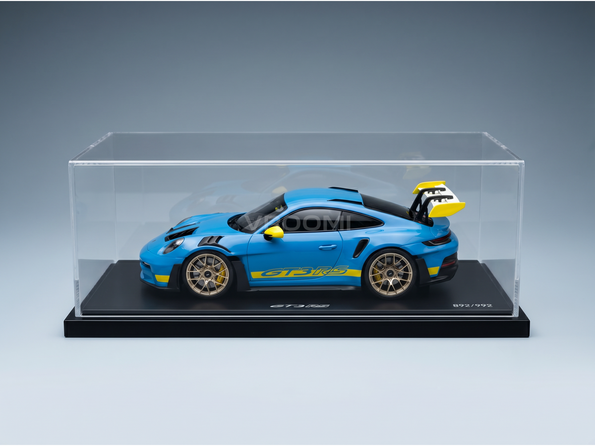Blue Porsche GT3 RS scale model car in clear display case, limited edition 892/992, from Vroomi