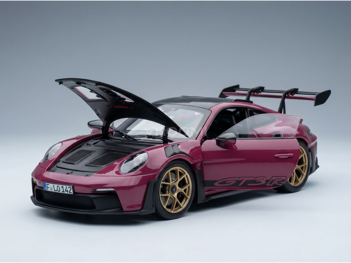 Red Porsche GT3 R scale model car with open hood and gold wheels, available at Vroomi