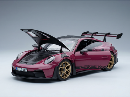 Red Porsche GT3 R scale model car with open hood and gold wheels, available at Vroomi