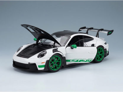 White Porsche GT3 R scale model car with green accents, open hood, at Vroomi