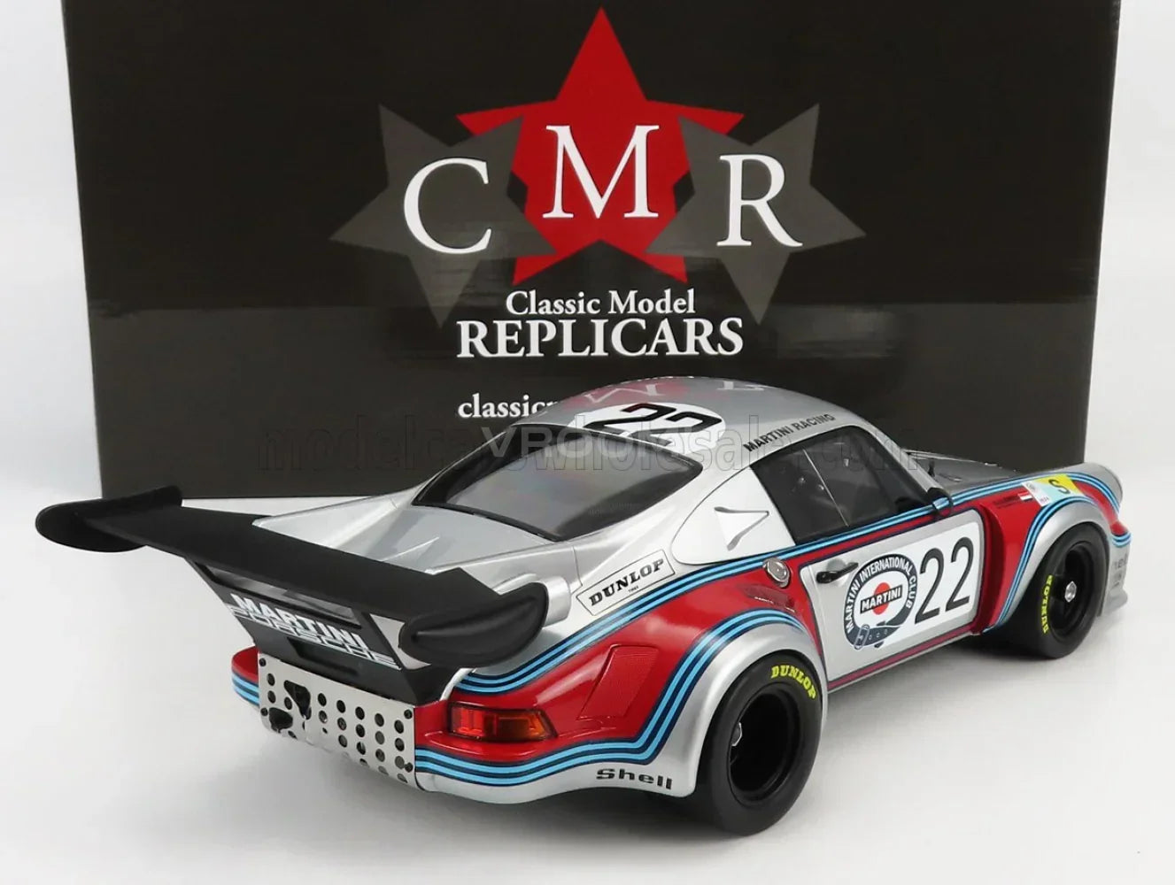 PORSCHE - 911 CARRERA RSR 2,1 L TURBO TEAM MARTINI RACING N.º 22, 2.º puesto en las 24 Horas de Le Mans de 1974, G. VAN LENNEP - H. MÜLLER - PLATA, ROJO, AZUL. Tienda de maquetas de coches a escala Vroomi