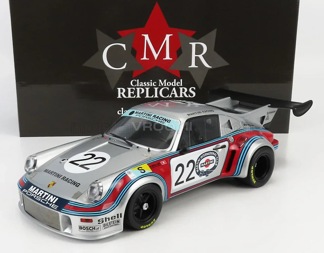 PORSCHE - 911 CARRERA RSR 2,1 L TURBO TEAM MARTINI RACING N.º 22, 2.º puesto en las 24 Horas de Le Mans de 1974, G. VAN LENNEP - H. MÜLLER - PLATA, ROJO, AZUL. Tienda de maquetas de coches a escala Vroomi
