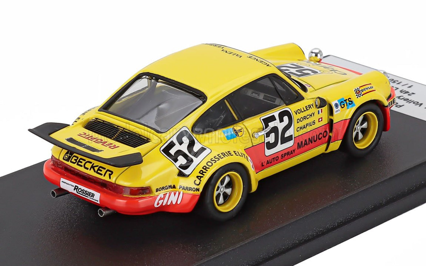 Gelb-rotes Porsche-Rennwagen-Modellauto Nr. 52 von Vroomi, detailliert mit Sponsoren-Aufklebern und Heckspoiler.