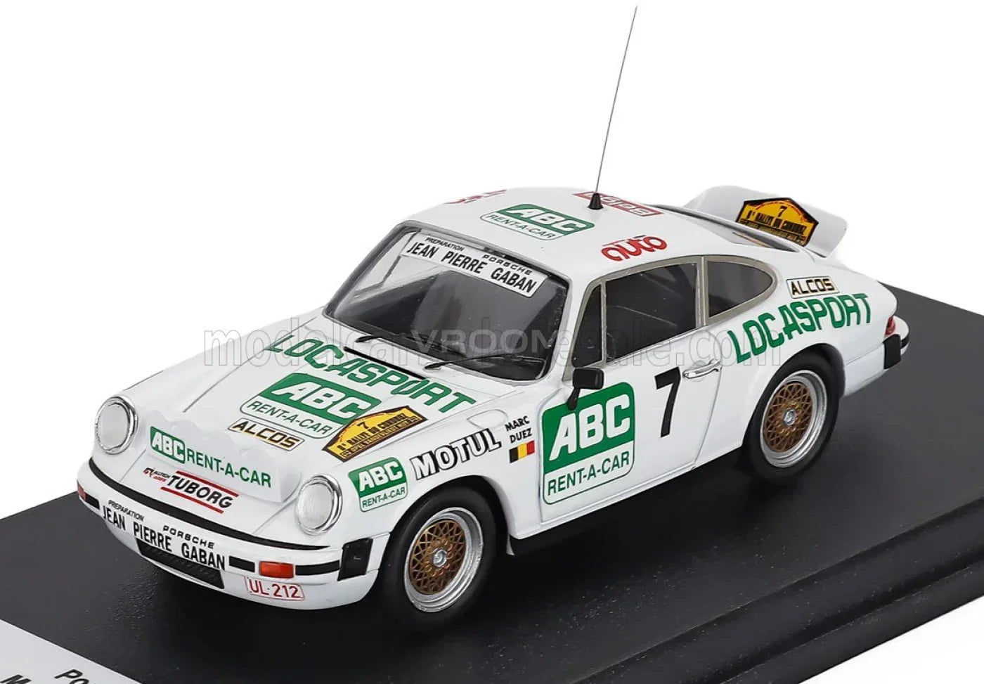 PORSCHE - 911 SC COUPÉ N° 7 WINNAAR RALLY CONDROZ 1981 MARC DUEZ - WILLY LUX - WIT-GROEN Vroomi Schaalmodellenwinkel