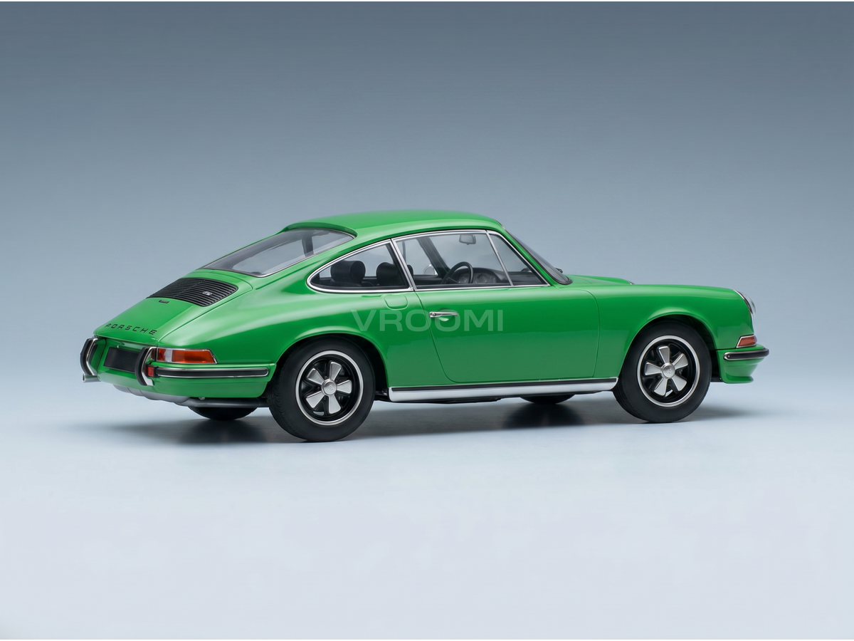 Vroomi green Porsche scale model car with classic design and chrome details