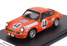 Orange Porsche 911 scale model car with race decals, number 40, displayed on black base at Vroomi