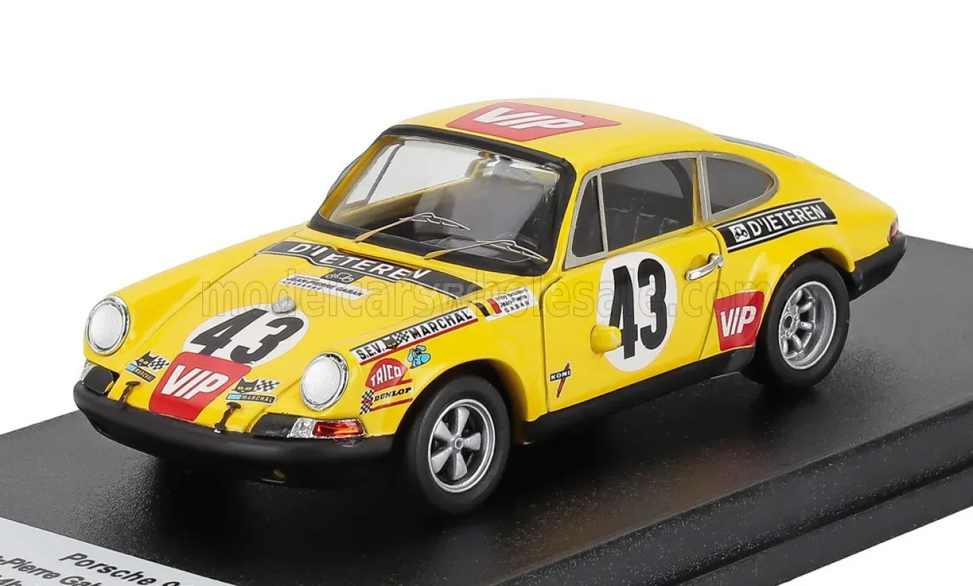 PORSCHE - 911S Coupé del equipo Jean Pierre Gaban n.º 43, 24 Horas de Le Mans 1970, Jean Pierre Gaban - Willy Braillard - Amarillo. Tienda de maquetas de coches Vroomi