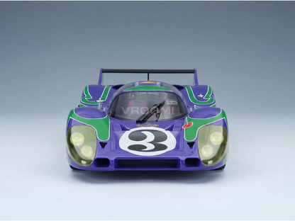 Maquette de voiture violette et verte portant le numéro 3, présentée par Vroomi à l'intention des collectionneurs.