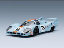 Gulf Porsche 917K scale model car in light blue with orange stripes, number 18, from Vroomi