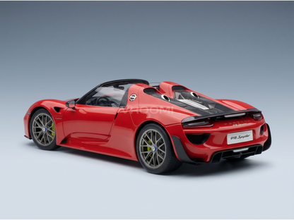 Red Porsche 918 Spyder scale model car from Vroomi, showcasing sleek design and detailed craftsmanship.