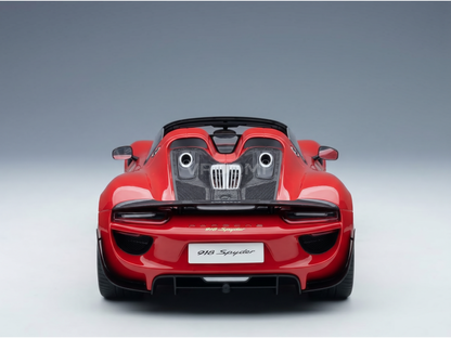 Red Porsche 918 Spyder scale model car rear view, detailed exhaust and carbon fiber, Vroomi