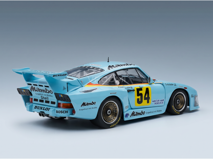 Light blue scale model car with Mambo and Dunlop decals, race number 54, showcased by Vroomi