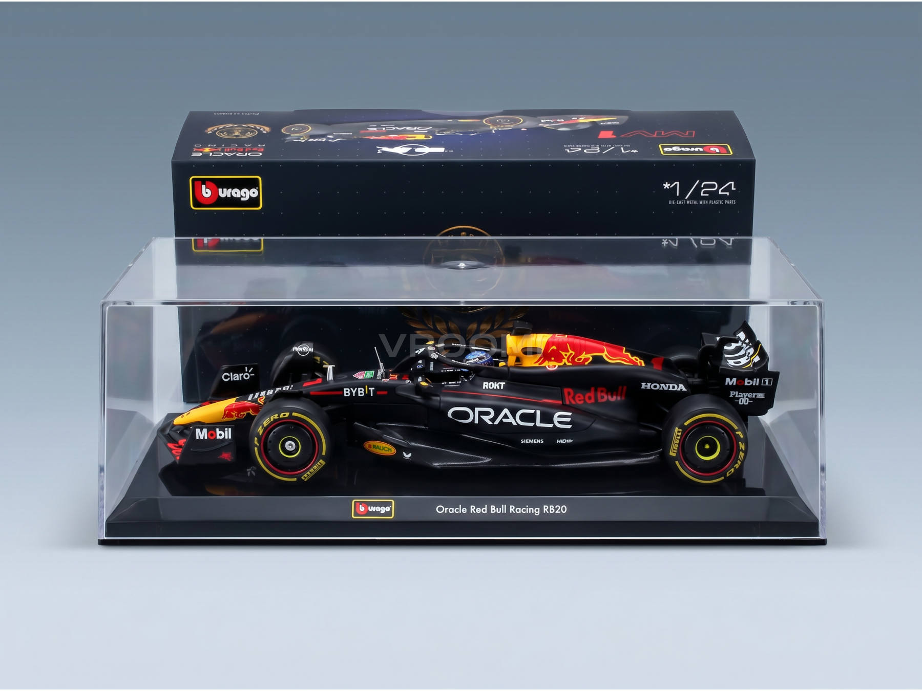 Maqueta a escala del coche Oracle Red Bull RB20 en vitrina, 1/24 de Bburago — Vroomi