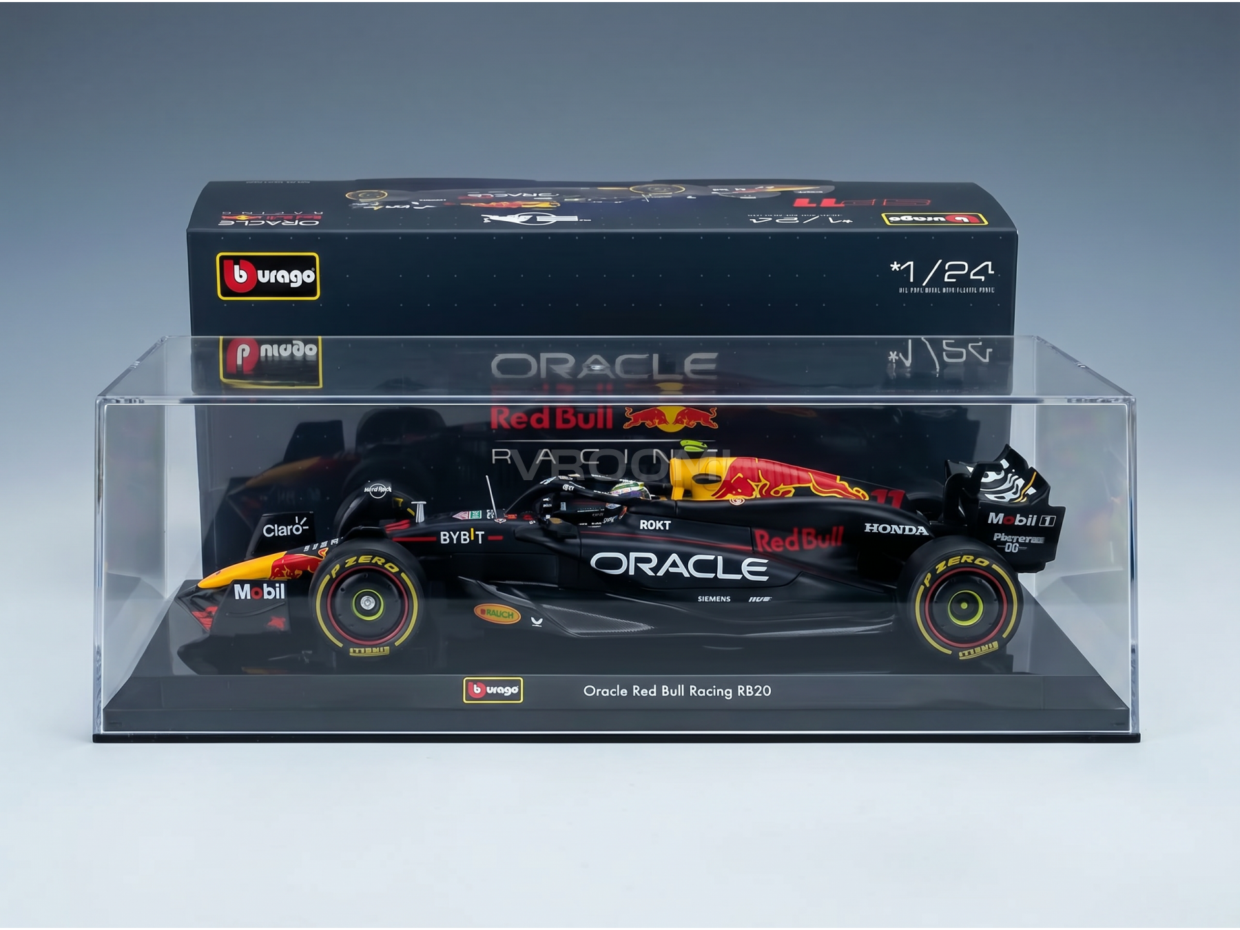 Oracle Red Bull RB20-schaalmodel in doorzichtige vitrine, schaal 1/24 van Burago, verkrijgbaar bij Vroomi