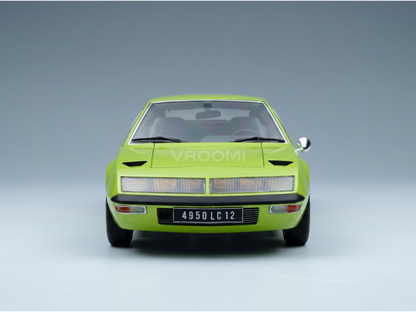 Vroomi scale model car in vibrant lime green, showcasing classic design and detailed front view.