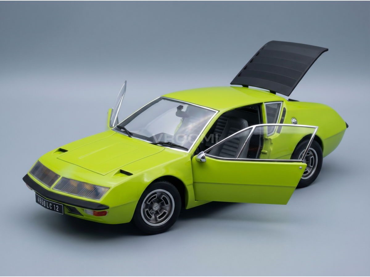 Vroomi scale model car: vibrant green classic with open doors and trunk, detailed interior and wheels