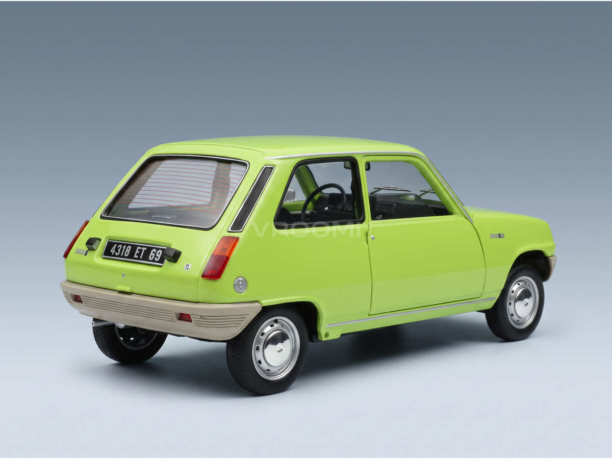 Lime green Renault 5 TL scale model car from Vroomi, showcasing detailed rear and side views with classic design.
