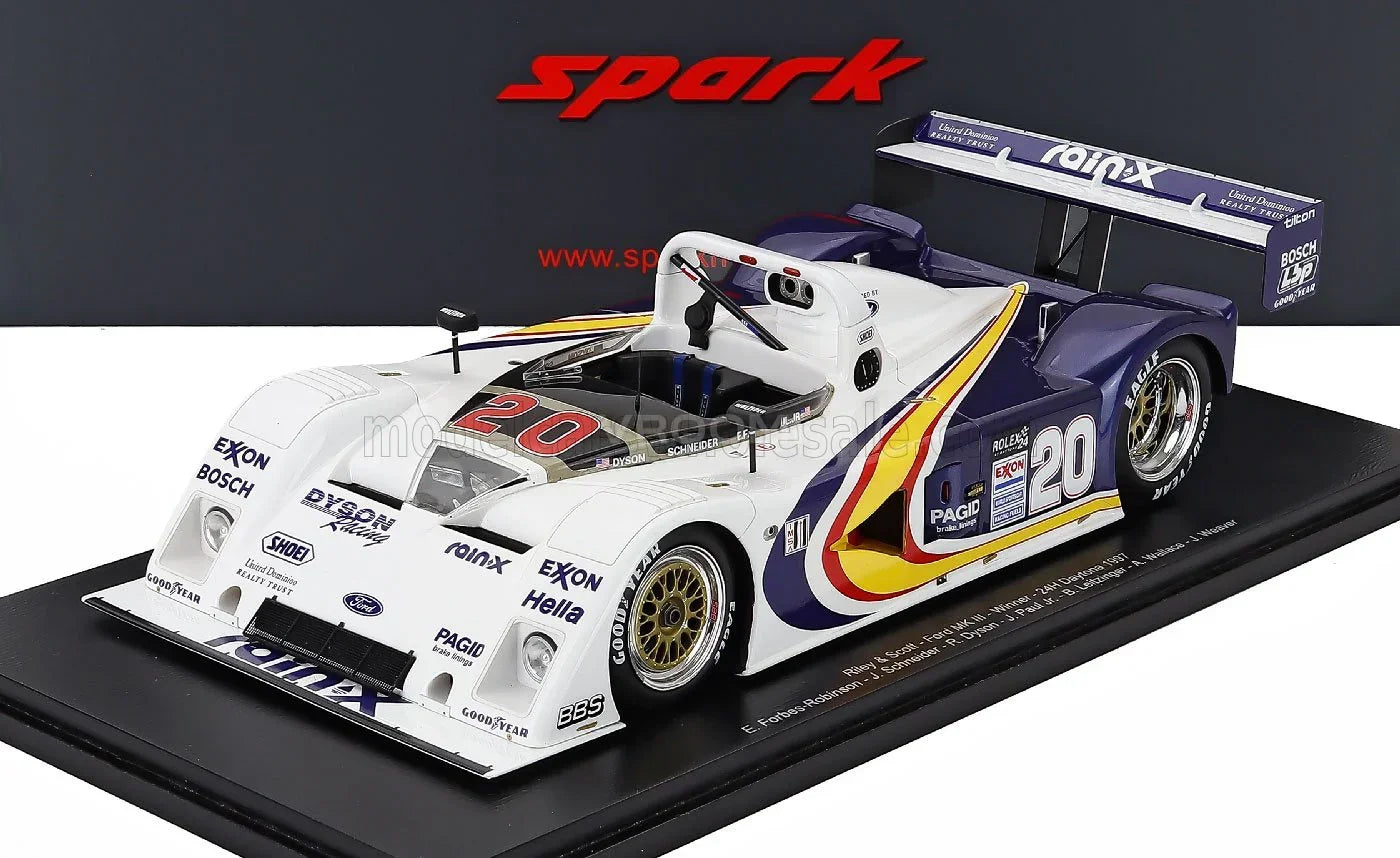 RILEY & SCOTT - FORD V8 MKIII DE L'ÉQUIPE N, VAINQUEUR DES 24 HEURES DE DAYTONA 1997 : ELLIOT FORBES ROBINSON - JOHN SCHNEIDER - ROB DYSON - JOHN PAUL Jr. - BUTCH LEITZINGER - ANDY WALLACE - JAMES WEAVER - BLANC JAUNE NOIR Vroomi Boutique de modèles réduits de voitures