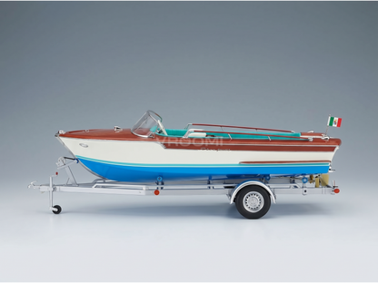 Scale model car Vroomi: vintage boat on trailer with Italian flag, blue and white design