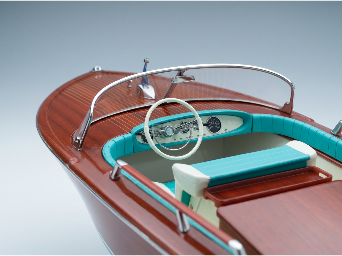 Luxury wooden speedboat scale model with teal interior, chrome details, and classic dashboard — Vroomi