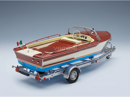 Vroomi-schaalmodelauto: replica van de klassieke Riva Aquarama-snelboot met aanhanger, Italiaanse vlag en gedetailleerd interieur