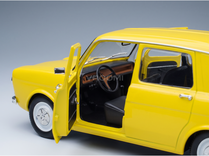 Yellow scale model car with open doors, detailed interior, from Vroomi