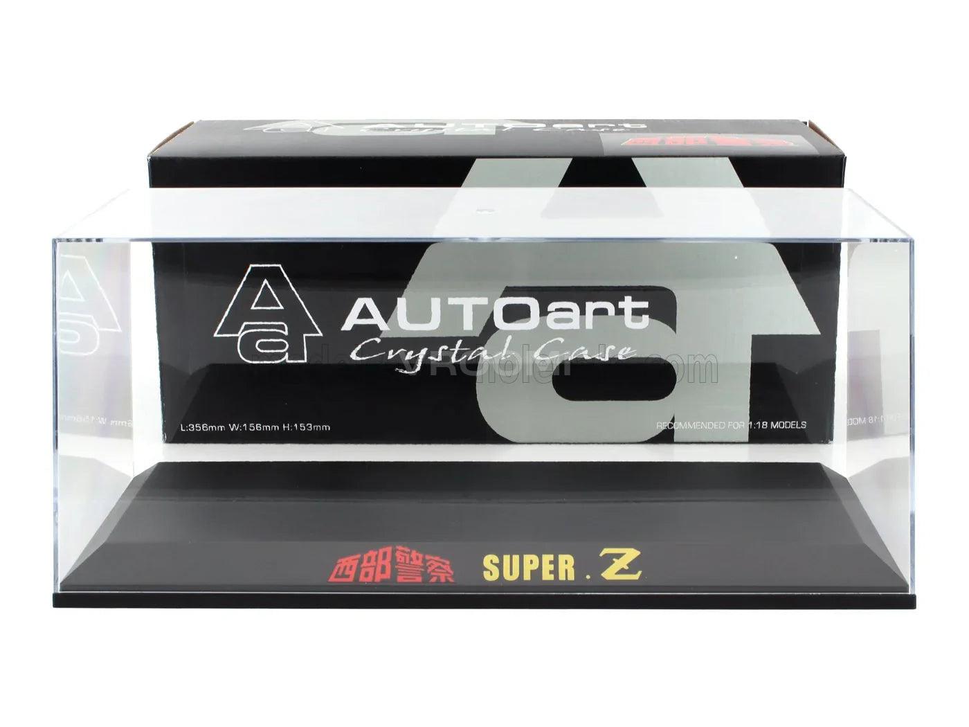 Vitrina de cristal AUTOart para coches a escala 1:18, con las bases «SUPER .Z» y «西部警察», ideal para los coleccionistas de Vroomi