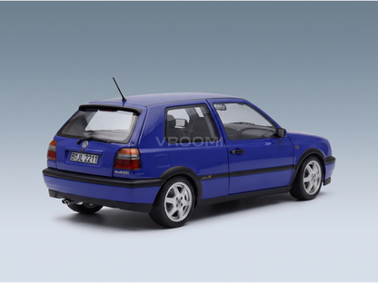 Blue Volkswagen Golf GTI scale model car, detailed replica with alloy wheels, from Vroomi