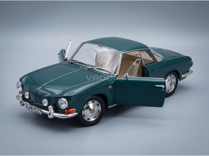 Vroomi scale model car: green classic coupe with open doors, detailed interior, chrome wheels, and license plate K-MH522