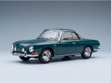 Vroomi scale model car: classic green Volkswagen Karmann Ghia with chrome details and tan interior