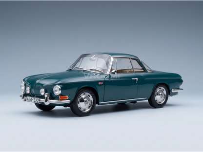 Vroomi scale model car: classic green Volkswagen Karmann Ghia with chrome details and tan interior