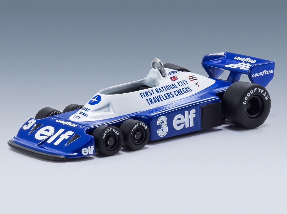 Tyrrell P34/2 Elf No. 3 Ronnie Peterson 1977 Kyosho 1:64 scale model - front three-quarter view