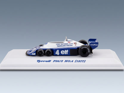 Tyrrell P34/2 Elf No. 4 Patrick Depailler 1977 Kyosho 1:64 scale model - side view on display base