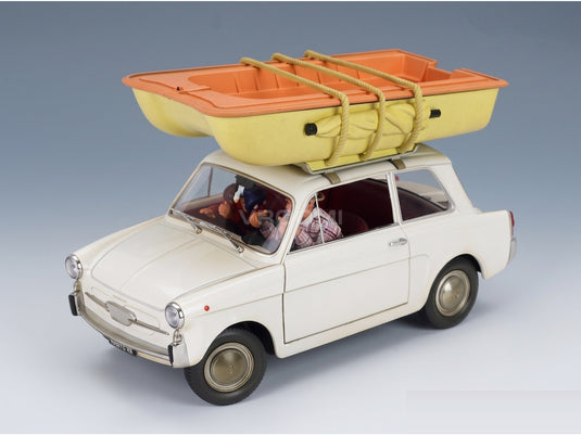 Autobianchi Bianchina 4 Posti Fantozzi Filini with Boat on Roof Film Fantozzi Subisce Ancora 1983 White CLC-Models 1:18 scale model - front three-quarter view