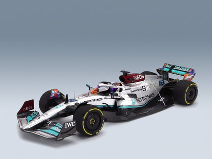 Mercedes F1 W13E Mercedes-AMG Petronas F1 No. 63 5th Miami GP George Russell 2022 Minichamps 1:18 scale model - front three-quarter view