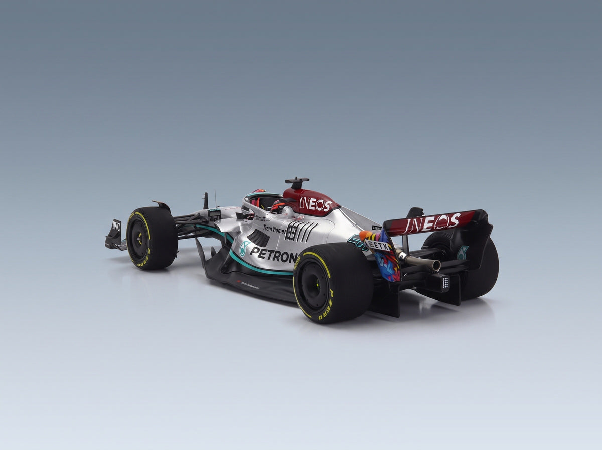 Mercedes F1 W13E Mercedes-AMG Petronas F1 No. 63 5th Miami GP George Russell 2022 Minichamps 1:18 scale model - rear three-quarter view